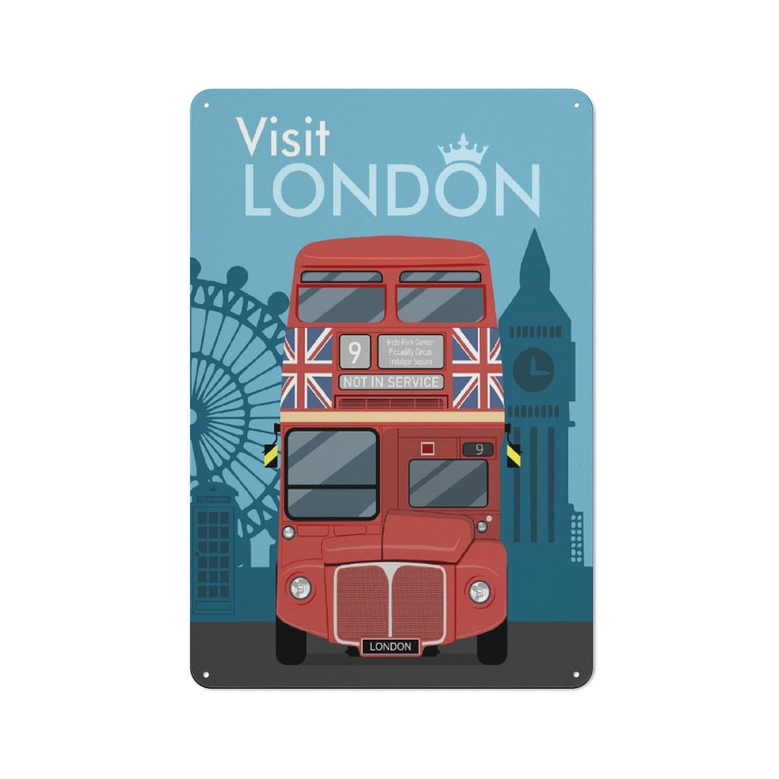 Junmoney Visit London With Bus Printed Metal Sign 30X20cm For Hobby Room Or Studio, Gift Idea At Christmas For Creative Interior Collectors