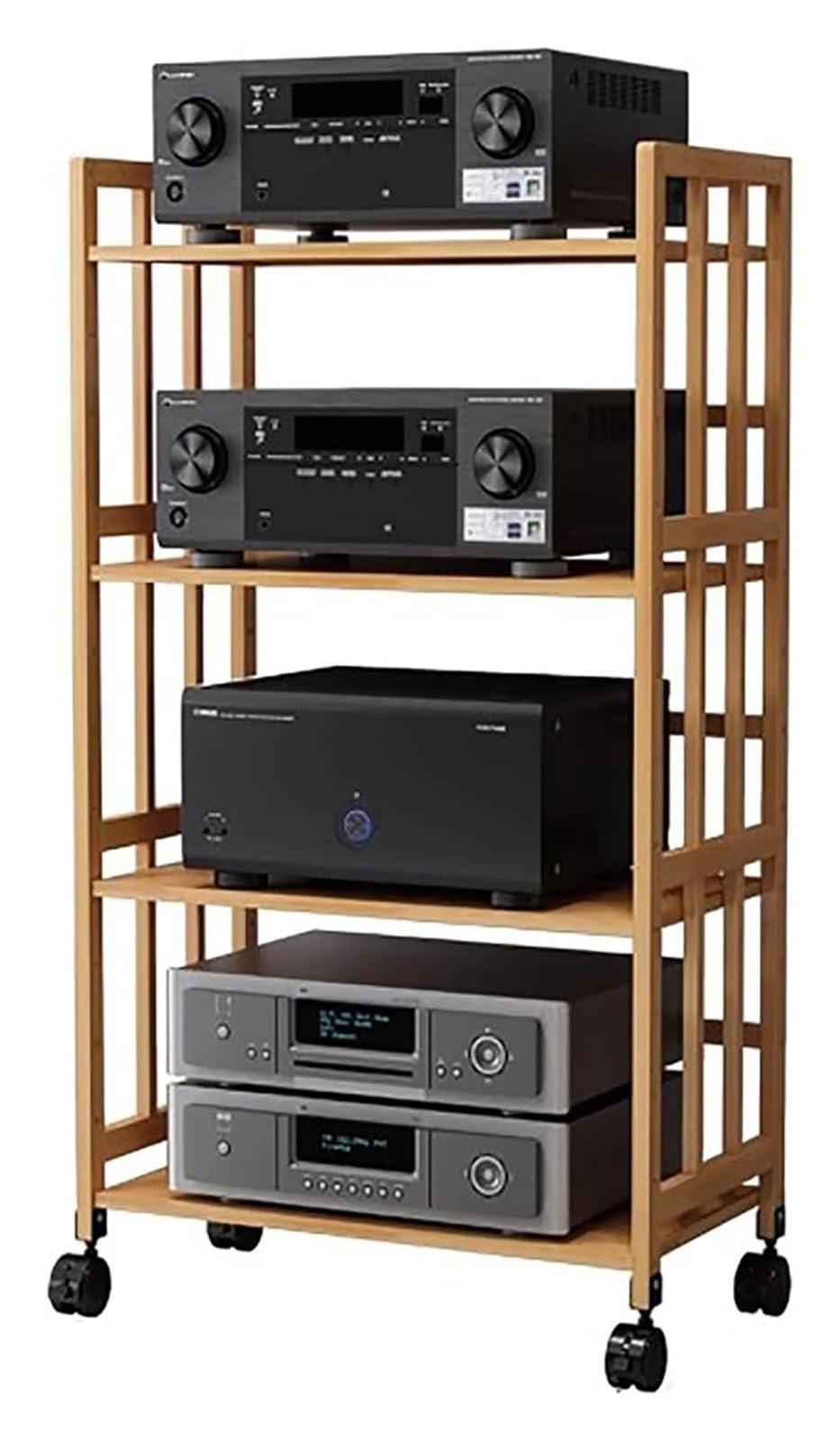 2 3 4 5 Tier Stereo Components Rack/Cabinet, Portable Rolling AV Media Stand, Freestanding Record Player Console Shelf, for Home Office Bedroom Classroom, Heavy Duty Bamboo(L 80cm,H 4 Tier-123cm/48.4i
