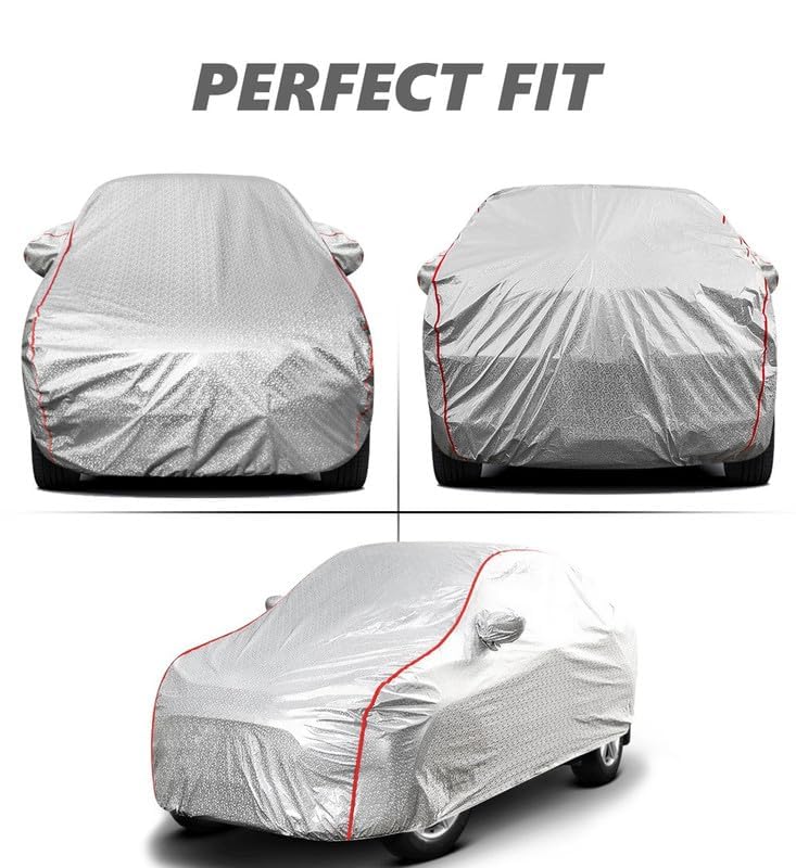 Image of PROTEGO All Weather Protection Car Cover for Thar Roxx | Anti Dust, 100% Waterproof, Durable Cover - Triple Stitched Elastic Grip with Mirror Pocket |(Metallic Silver with Red Piping)