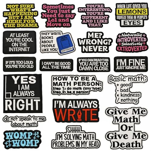 Funny Math and Introvert Themed Iron on Patches 20Pcs Embroidered Badge Set Black with Multi Color Text