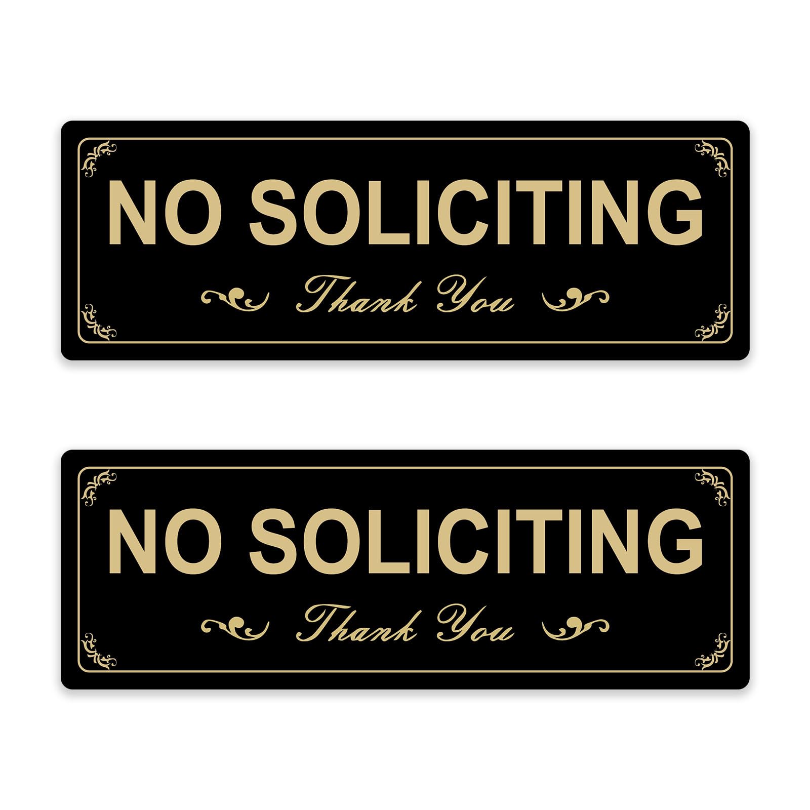 FHEGI 2 Pack No Soliciting Signs For Front Door, 9x3 inch Acrylic, Strong Self-Adhesive, Gold and Black,Keep Solicitors Away