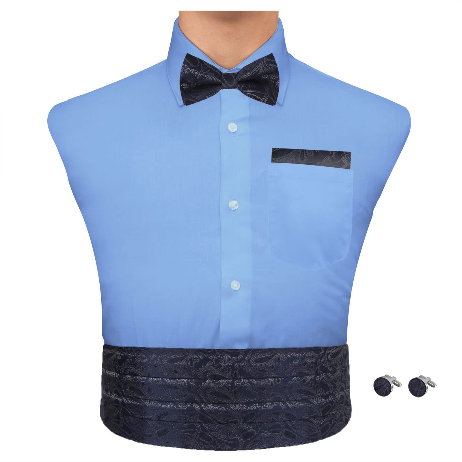 Epoint Black Patterned Man Cumberbund Silk Bow Tie Hanky Cufflink Set 25.6