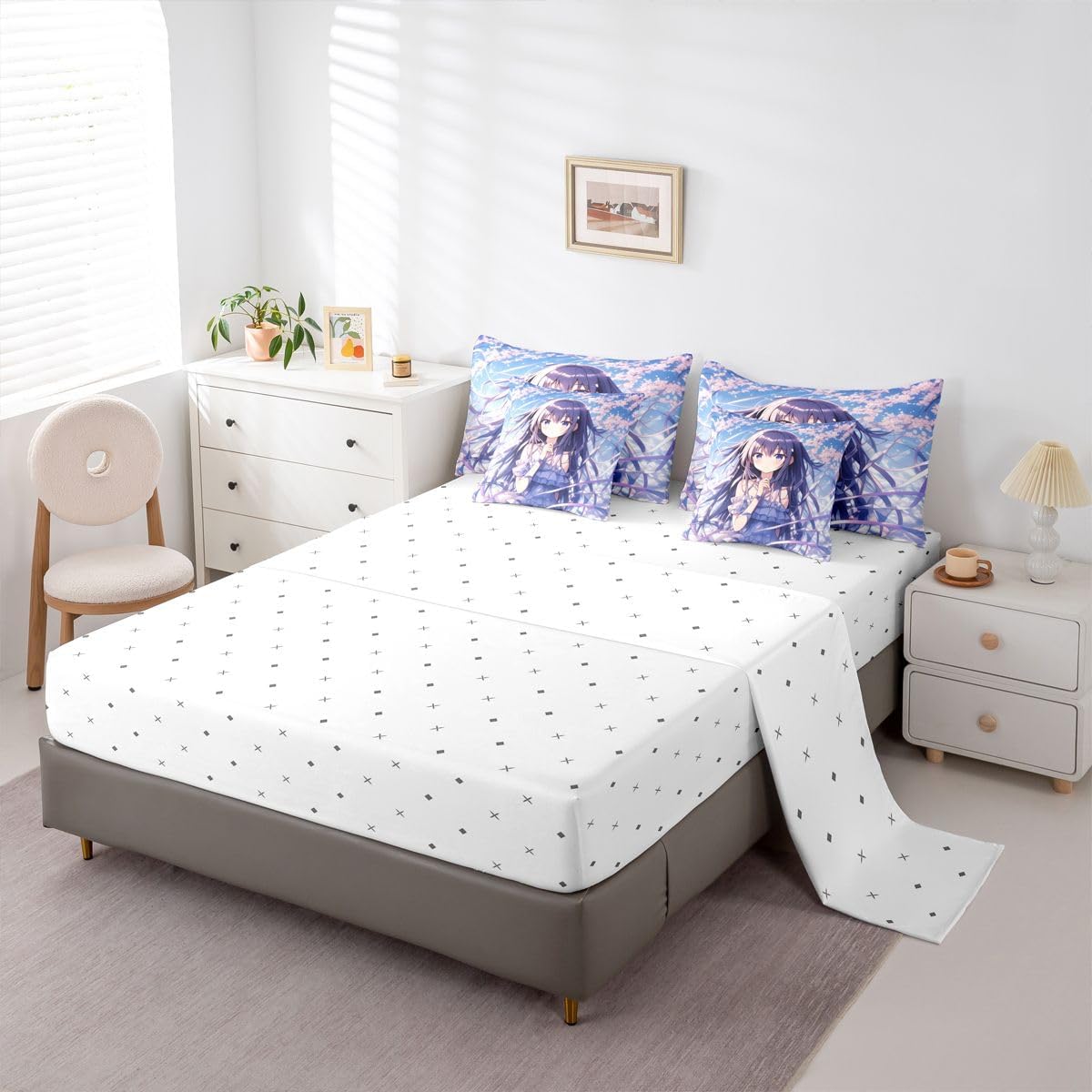 Erosebridal Anime Theme Bedding Twin Size 7 Pieces for Girls Cartoon Girl Comforter Set, Pink Cherry Blossoms Bedding Comforter Sets Japanese Style Bed in a Bag, Eastern Asian Oriental Accessories