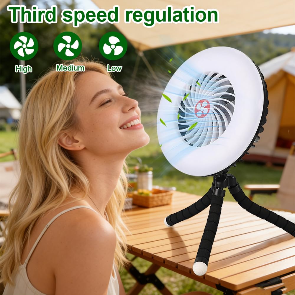LED Campinglampe mit Ventilator USB Aufladbar, 2-in-1 Tragbarer Camping Ventilator mit Licht, Campingventilator mit Magnet und Hanging Haken, Zeltventilator für Wandern Angeln Strand Wohnwagen