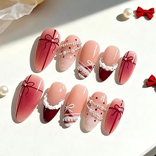 30pcs Christmas Press on Nails Medium Almond Fake Nails with 3D Pearl Designs Xmas Bow False Nails Red French Tip Artificial Nail Cute Full Cover Stick on Nails for Women Nail Decoration