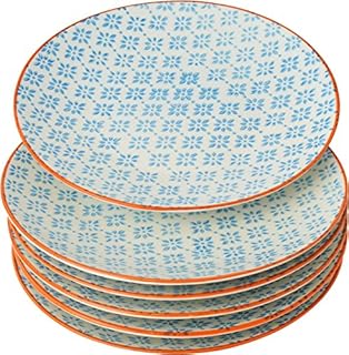 Nicola Spring 6 Piece Hand-Printed Side Plate Set - Japanese Style Porcelain Dessert Bread Plates - Blue - 18cm