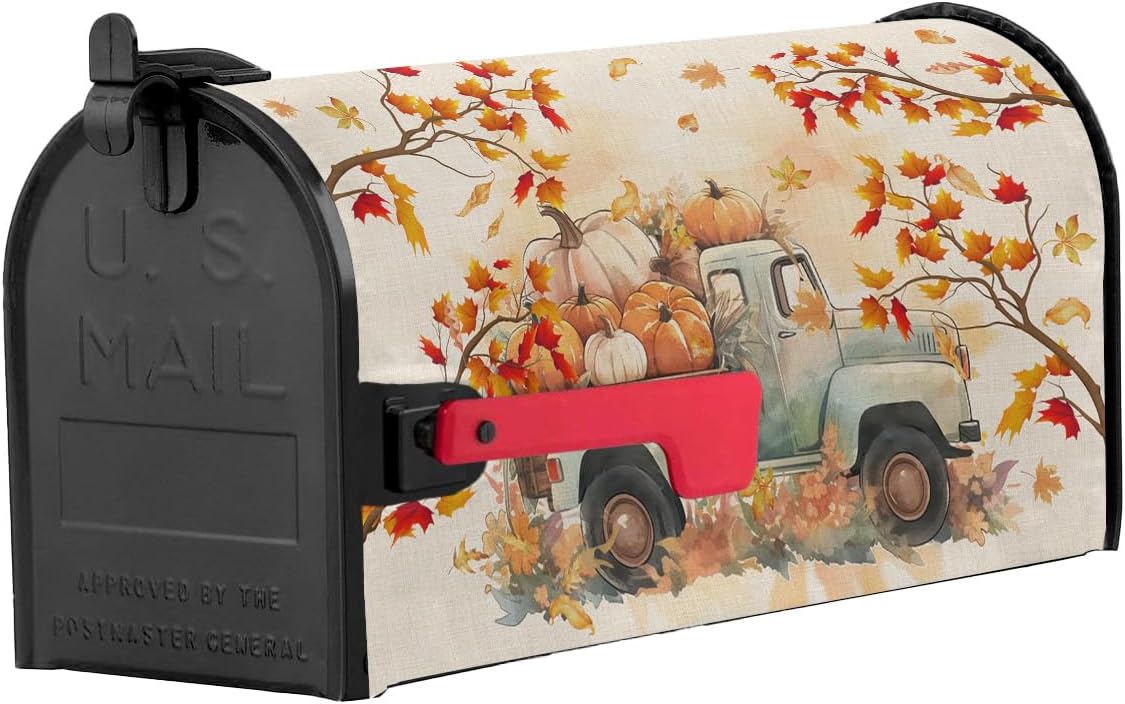 Thanksgiving Mailbox Covers Magnetic Standard Size, Pumpkins Truck Fall Chic Botanical Maple Leaves Rustic Retro Post Box Cover Mail Wrap Outdoor Garden Yard Decoration Welcome Thanks Giving 18.5x21.7
