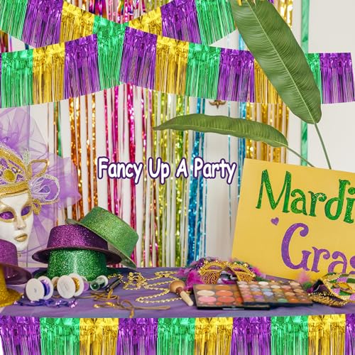 Image of 4 Pack 39 Feet Green Gold Purple Foil Fringe Garland Metallic Tinsel Streamers Banner Fringe Backdrop Banner for Parade Floats Mardi Gras Birthday Party Homecoming Decoration (Green Gold Purple)