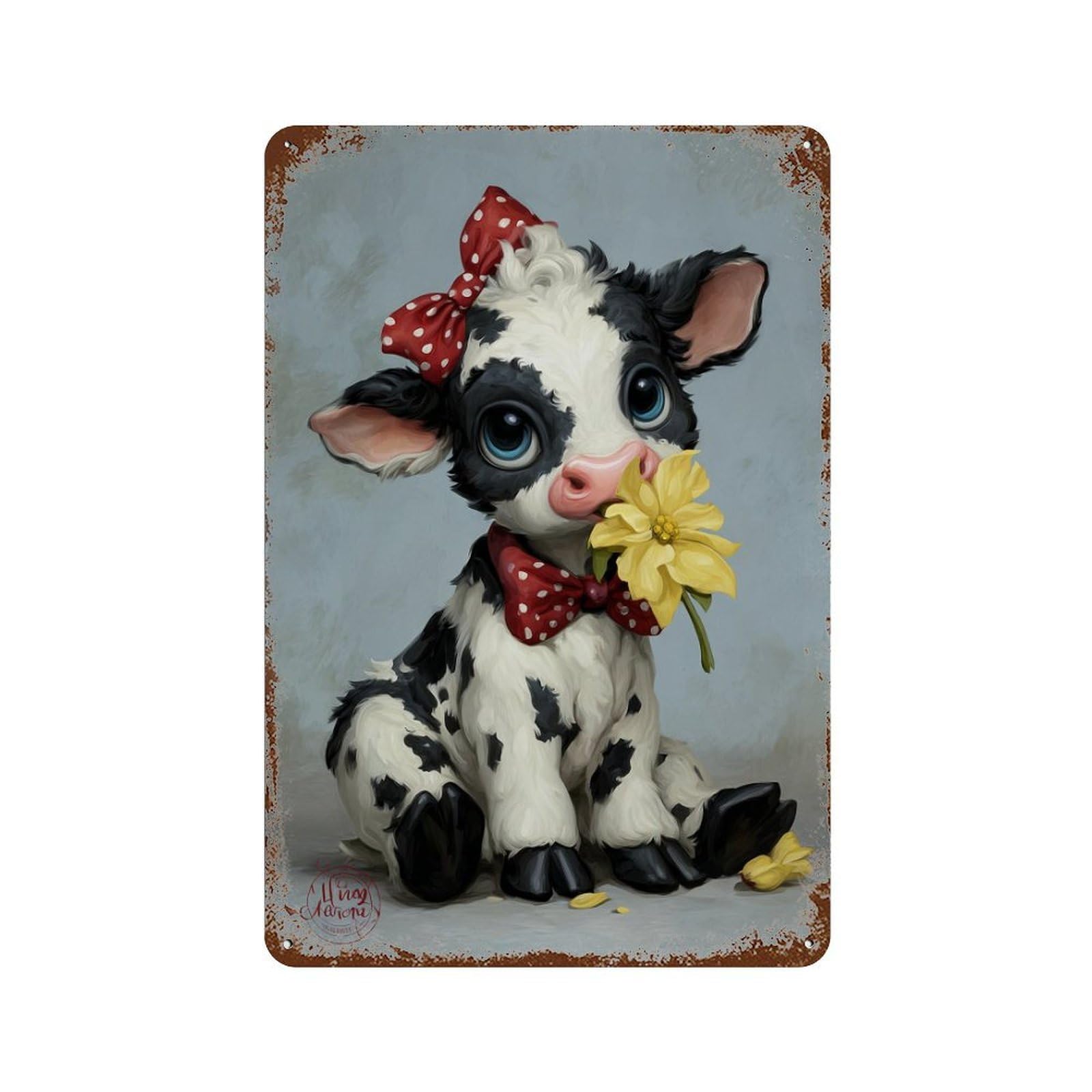 Cute Cow with Flower 11.8"x7.9" Vintage Rust Metal Sign, Shabby Chic Decor for Garage, Bar And Workshop Decor