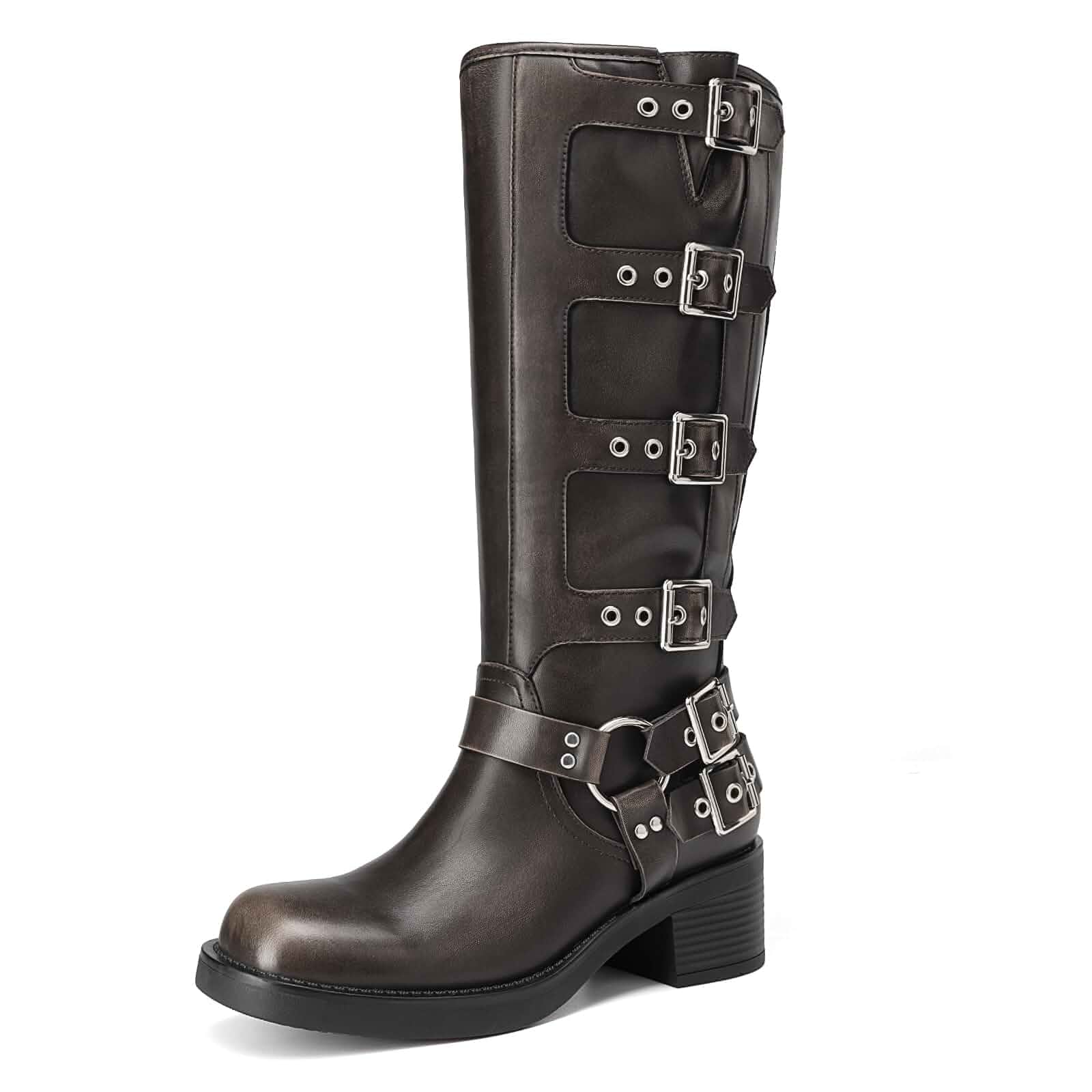 Athlefit Women's Knee High Riding Boots Buckle Biker Boots Chunky PU Leather, 2-inch Flat Chunky Heel, Square Toe, Fashion, All-day Comfort, Riding, Long Walking, Travel, Women Four Feasons
