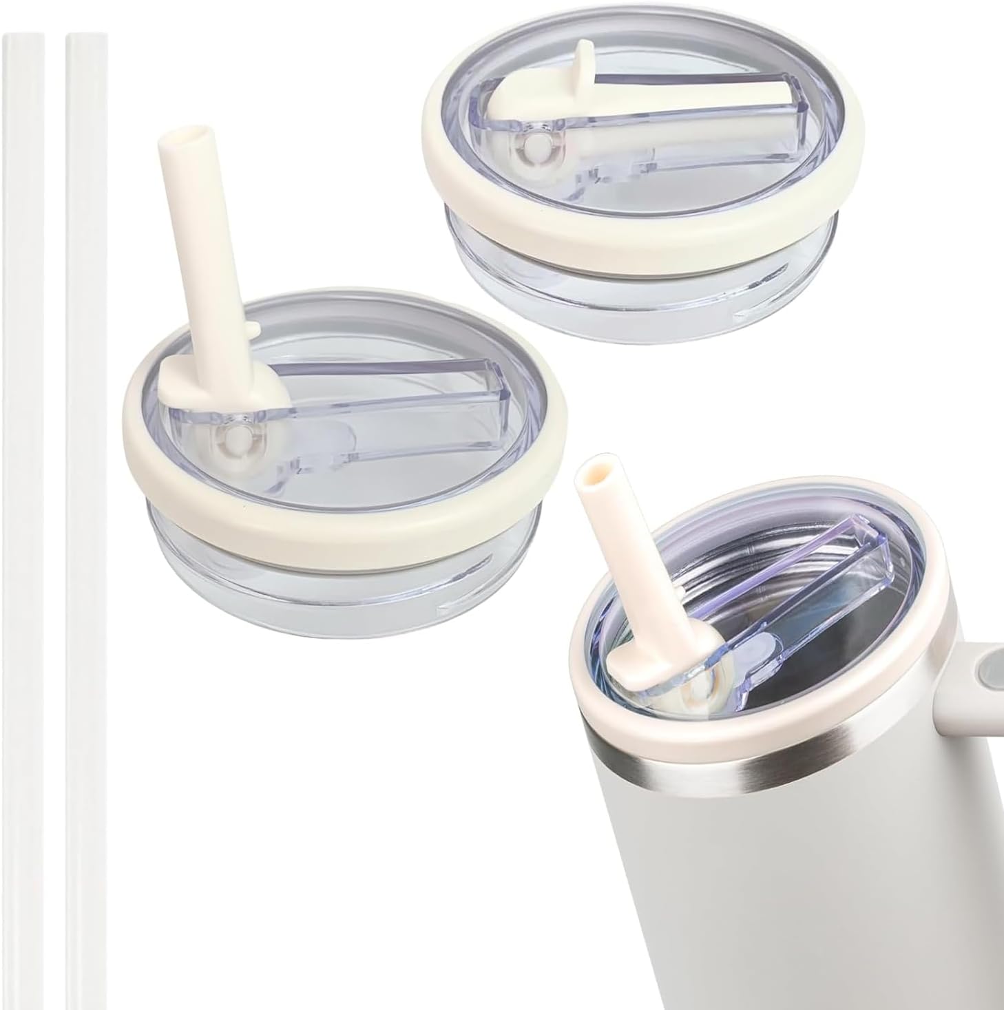 2 Pack 40 oz Tumbler Flip Straw Lid Replacement Compatible with Stanley Quencher - Leak-Proof Splash Resistant Tumbler Top Replacement Reusable Tumbler Cover Cream White