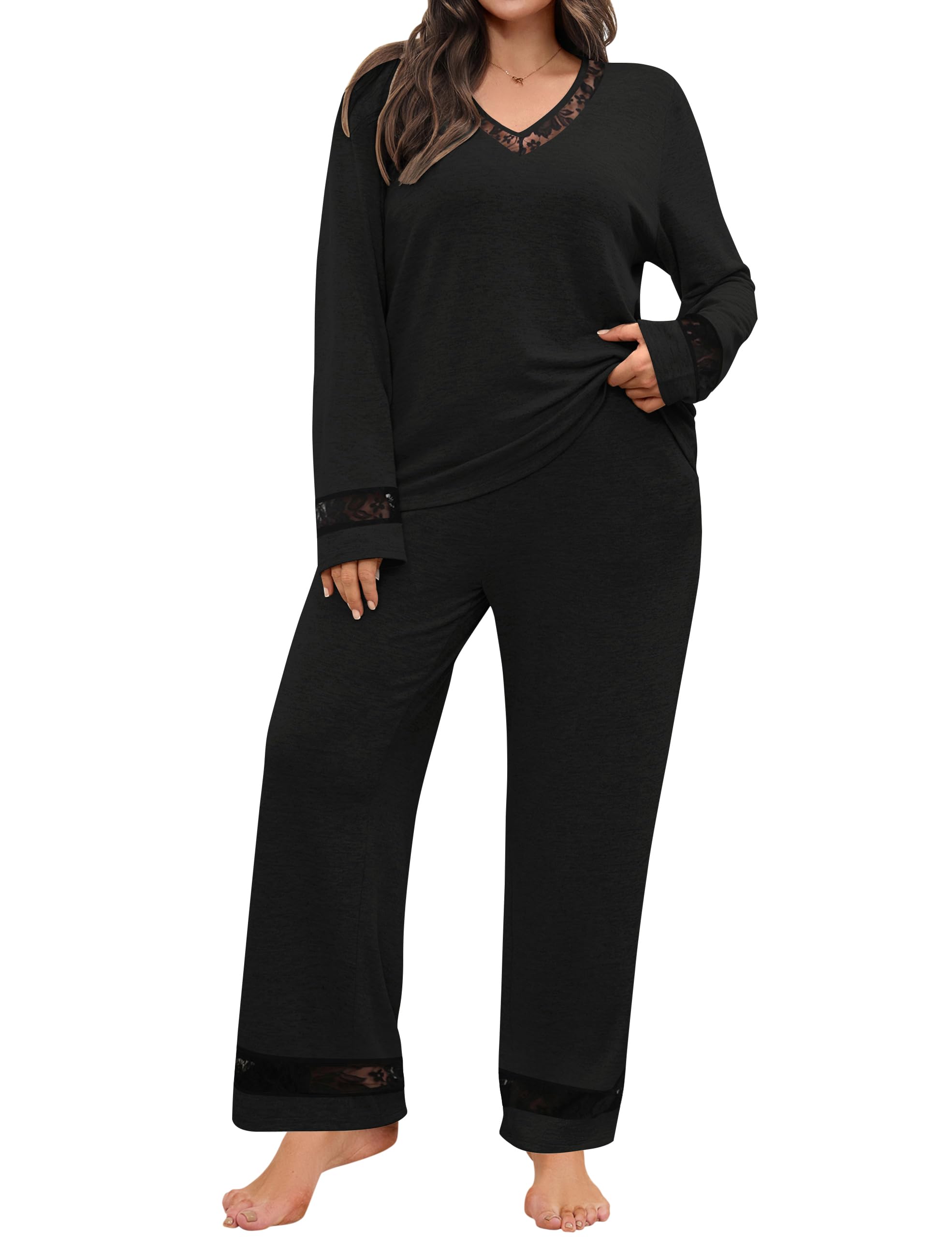 Blooming Jelly Women Plus Size Pajamas Sets Cute Lace Lounge Set Long Sleeve Pj Sets V Neck Loungewear