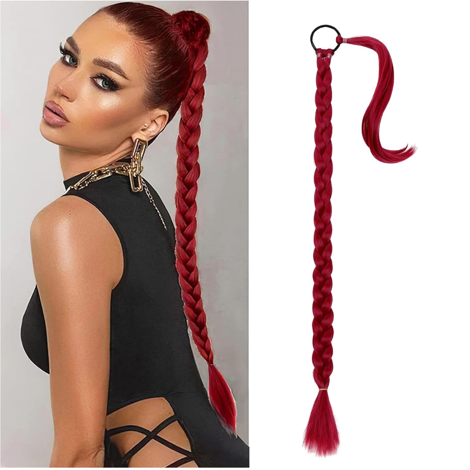 Wekuw Extensiones (Rojo) Postizos de Pelo Natural Coleta Postiza Pelo Natural Extensiones de Trenzas Ponytails Postizo Postizo Coleta Peluca Trenzas Trencitas Extensiones Trenzas Postizas