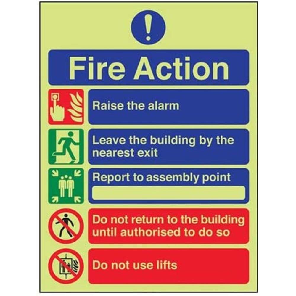 V Safety Glow In The Dark 5 Message Fire Action Notice Sign - 200mm x 300mm - Self Adhesive Vinyl