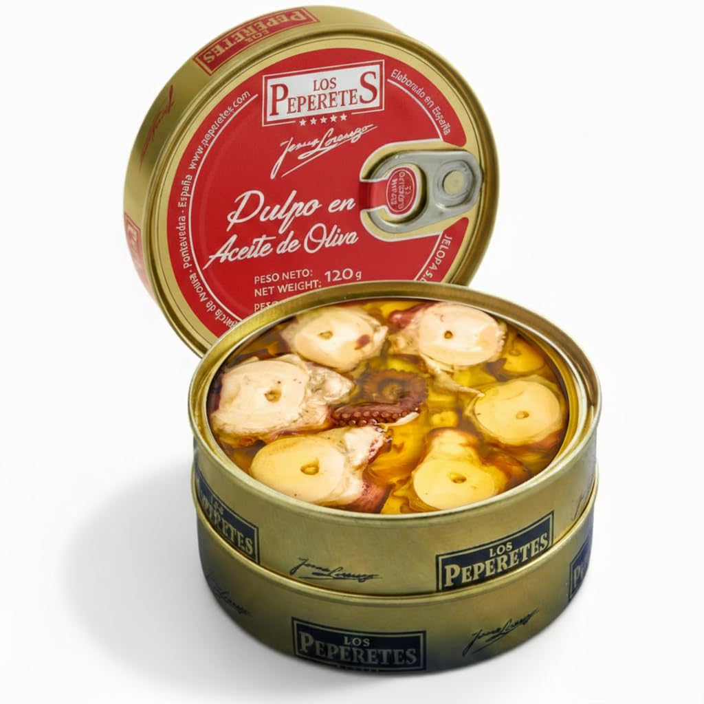LOS PEPERETES Pulpo en Aceite de Oliva 120 g | Marisco Gallego Gourmet | Conserva Artesanal con Aceite de Oliva Virgen Extra | Pulpo del Atlántico | Sabor Tradicional de Galicia