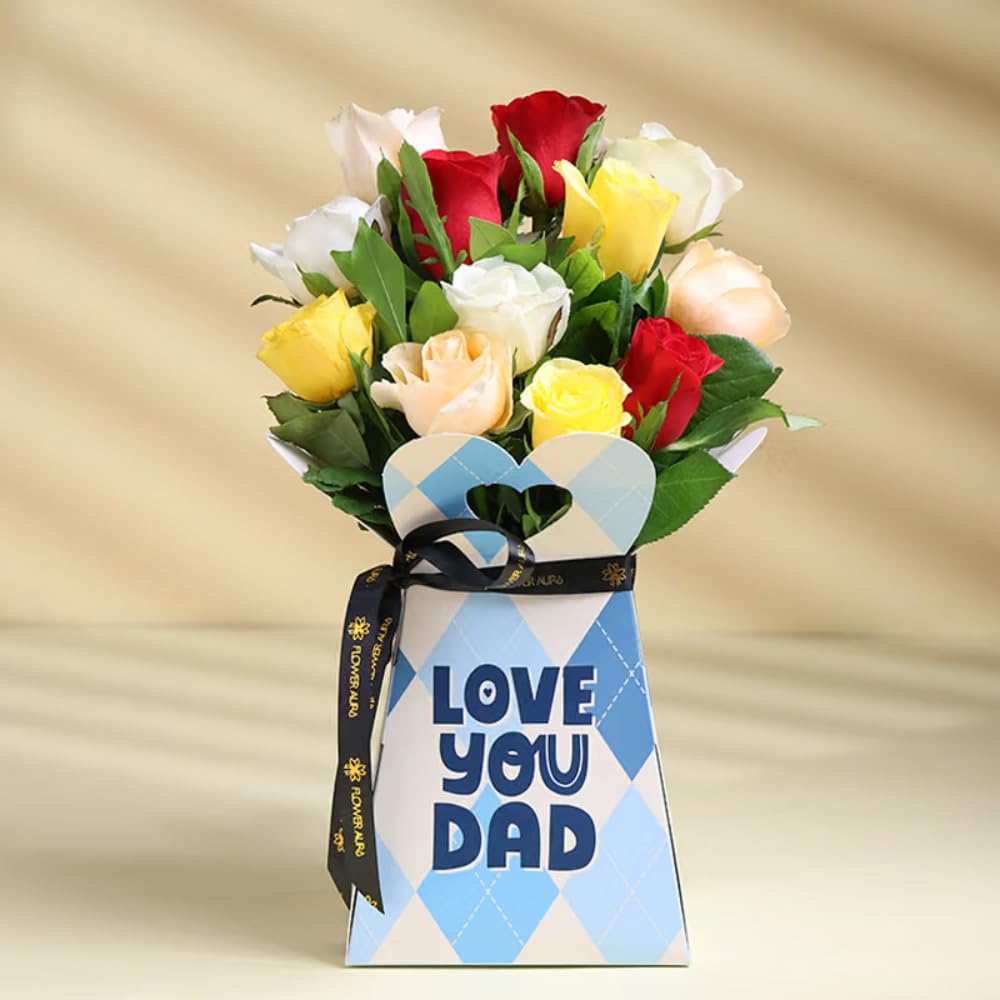 FlowerAura Fresh Flower Bouquet 10 Mix Roses Flowers Bouquet In Box For Birthday Gift & Father's Day Gift For Dad | Papa | Father-In-Law | Grandfather | Daddy | Appa | Baba (Same Day Delivery)-image-14