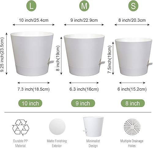 Miniatura 2 de Maceta de riego automático de 1098 pulgadas, juego de 3 macetas de plástico para plantas de interior con agujeros de drenaje, depósito profundo para