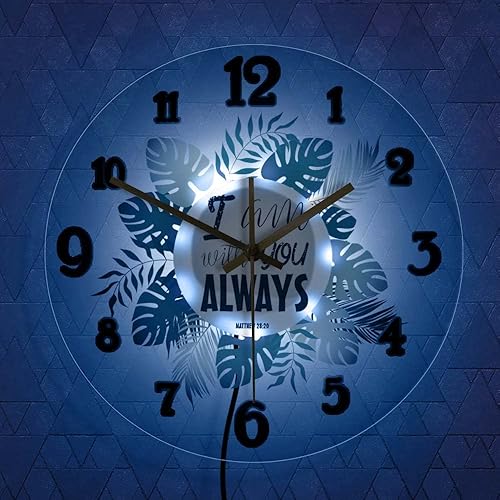 Miniatura 2 de The Geeky Days Reloj de pared silencioso con texto en inglés "I Am with You Always Bible Verse Green Leaves Silent Wall Clock con luz LED que cambia