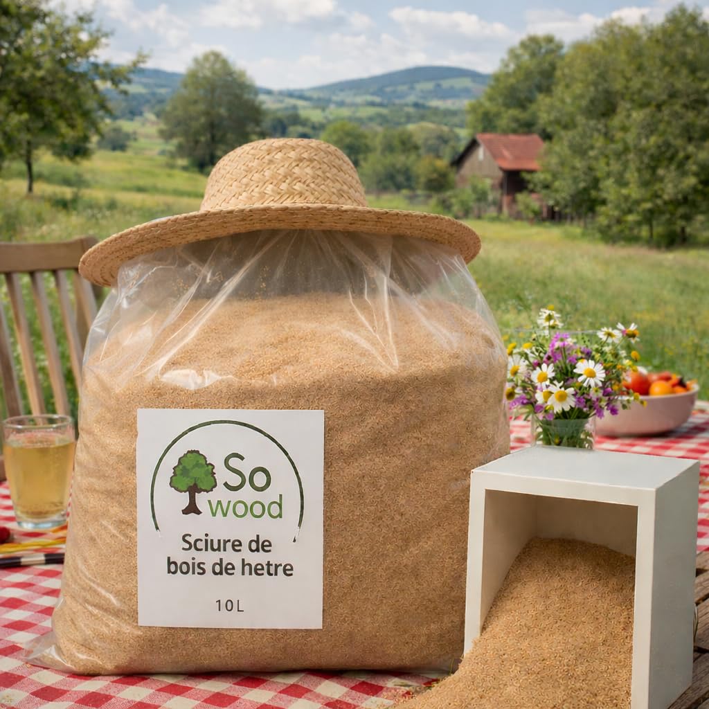 SOWOOD Sciure de Bois de hêtre 10 litres pour Fumage -10 litres - granulométrie 0.35 à 0.9 mm - 100% Naturelle et Issue de forêts françaises - Saveur Douce, Finesse inégalée