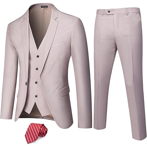 Hihawk Men's 3 Piece Suit Set with Tie, One Button Solid Slim Fit Jacket Vest & Pants, Suits for Mens Wedding Party Business
