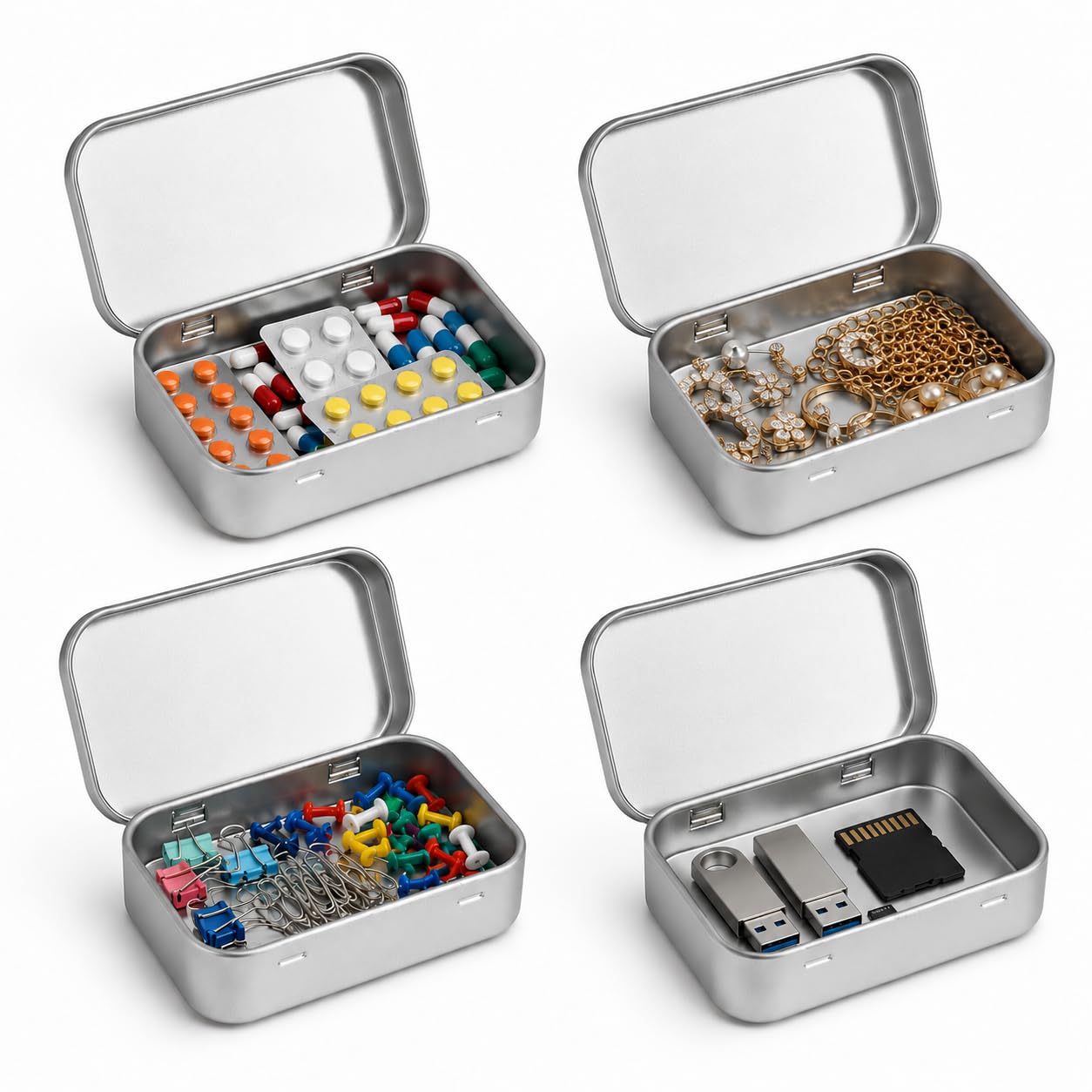 Mini Aluminium Storage Tin Box Set of 4 with Hinged Lid, Portable Metal Organizer Case for Jewellery, Coins, Pills, Makeup Accessories, Craft Supplies & Small Items, Silver-image-37