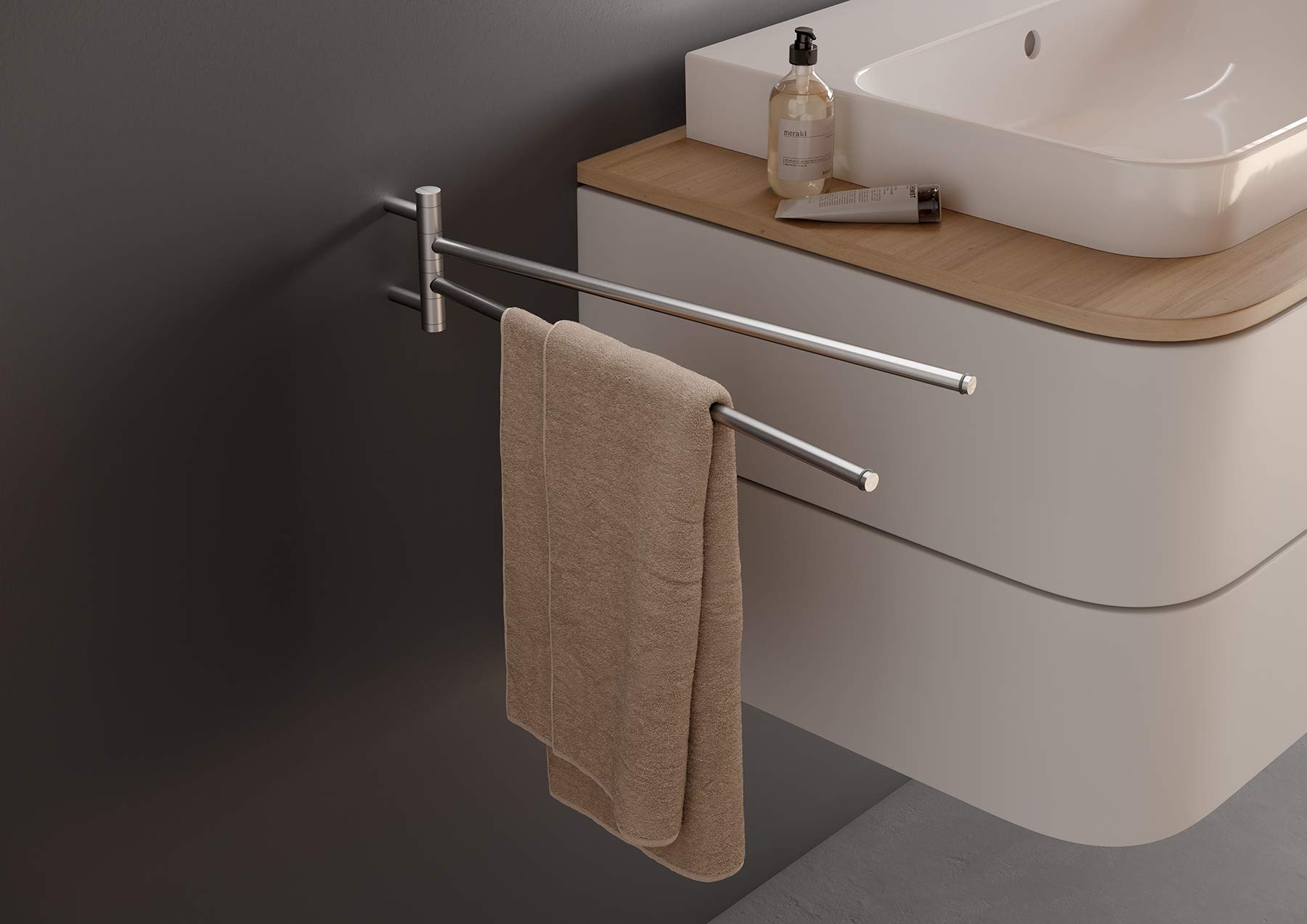 PHOS Edelstahl Design, GHH2, drążek na ręcznik z 2 wychylnymi drążkami z o-ringiem, ukryte śrubowanie do ściany, stal nierdzewna pełny materiał, szlifowany, wieszak na ręczniki, uchwyt, łazienka, wysokiej jakości
