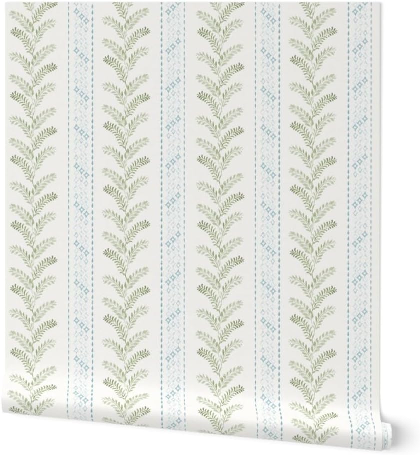 Peel & Stick Wallpaper 3ft x 2ft - Leaves and Stripes,sage Green Blue,French Country,Vintage,Modern Farmhouse,Cottage,Watercolor Custom Removable Wallpaper by Spoonflower