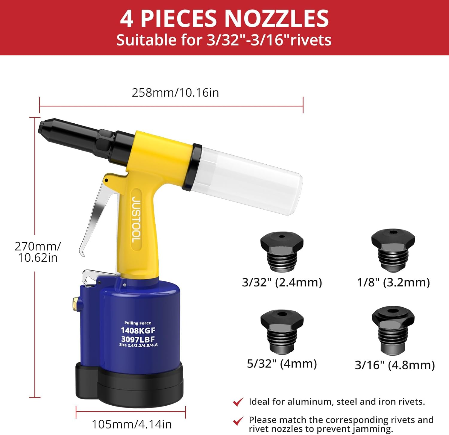 JUSTOOL Heavy Duty Pneumatic Rivet Gun 3097lbs Air Rivet Gun Set-3/32", 1/8", 5/32", 3/16" Air Riveter with NPT 1/4 inch Air Hydraulic Riveter for Automotive Construction Maintenance Industries & DIY