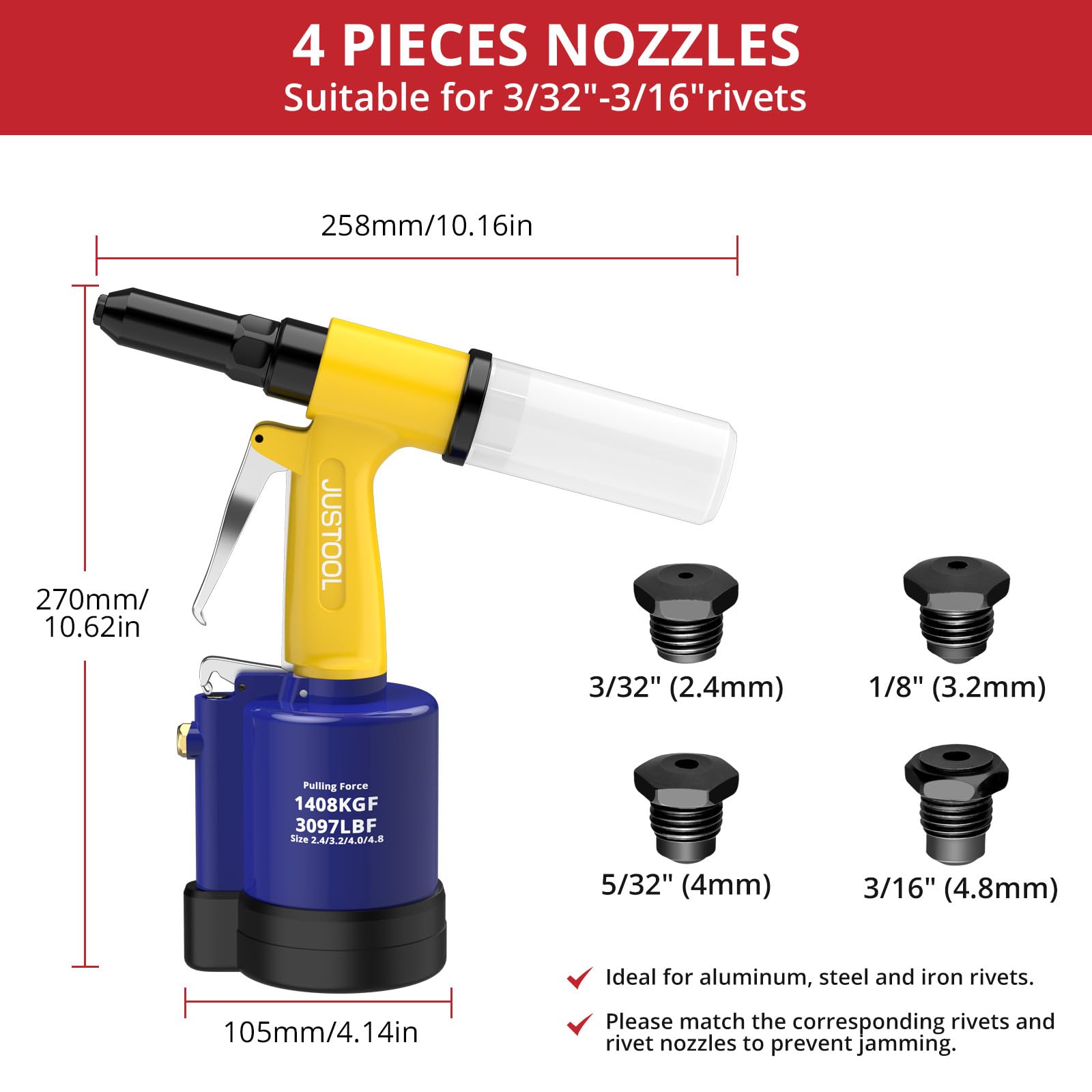 JUSTOOL Pneumatic Air Hydraulic Riveter 2.4-4.8mm 3/16" 3/32" 1/8" 5/32" Capacity 1408KGF Pulling Force Pop Riveter Air Rivet Gun for DIY Automotive Use - Image 3
