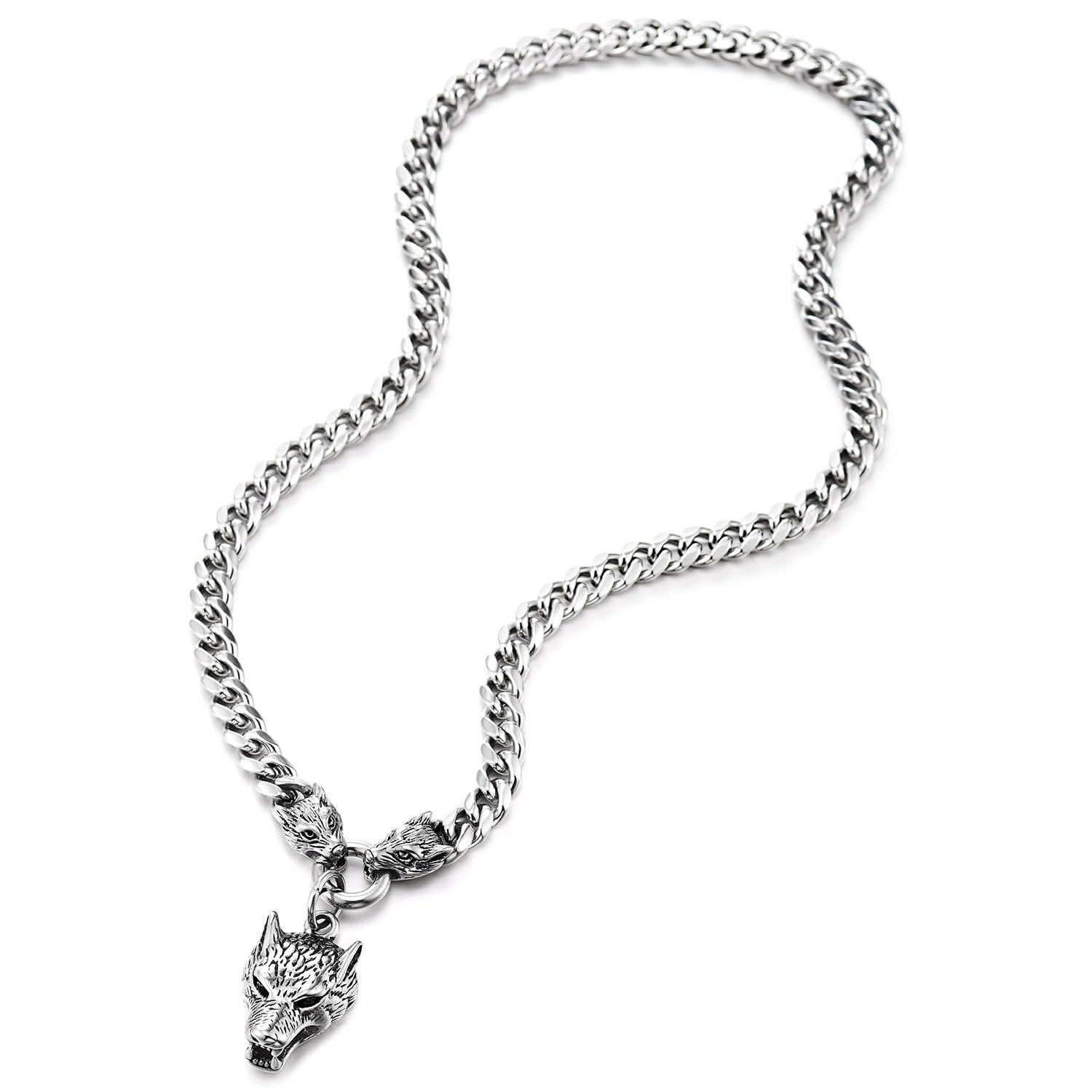 COOLSTEELANDBEYOND Collana da Uomo in Acciaio Inossidabile con Tripla Testa di Lupo, Catena Groumette Vichinga Norrena, Ciondolo Predatore a Maglia Cubana, Gioiello Biker Grintoso, Regalo per Lui