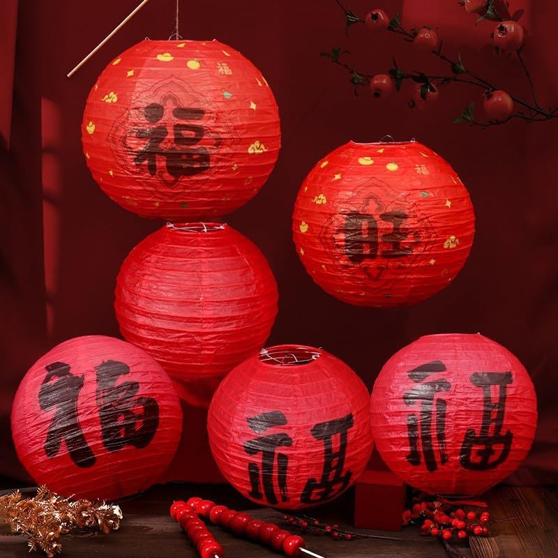 Red Chinese Paper Lanterns with Fu Character, Spring Festival Decoration Hanging Ornaments, 12 Pack