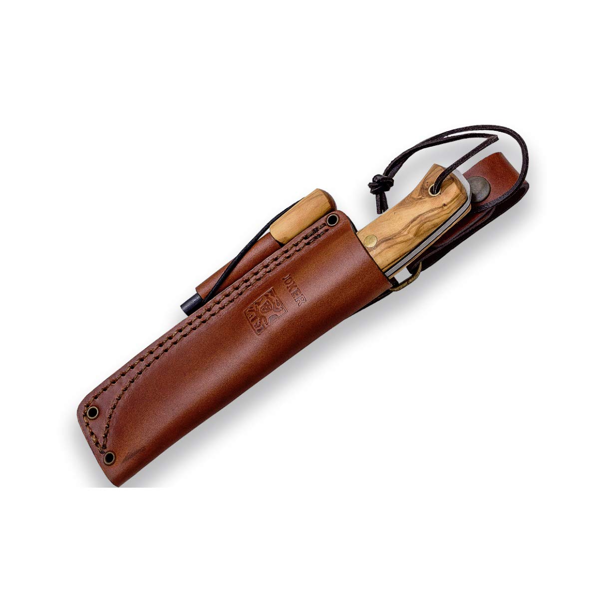 joker Coltello da caccia sportivo Ember F CO123-P, fodero in pelle marrone con selce, lama da 10,5 cm, mango ulivo, Pesca, caccia, caccia, campeggio e per il trekking