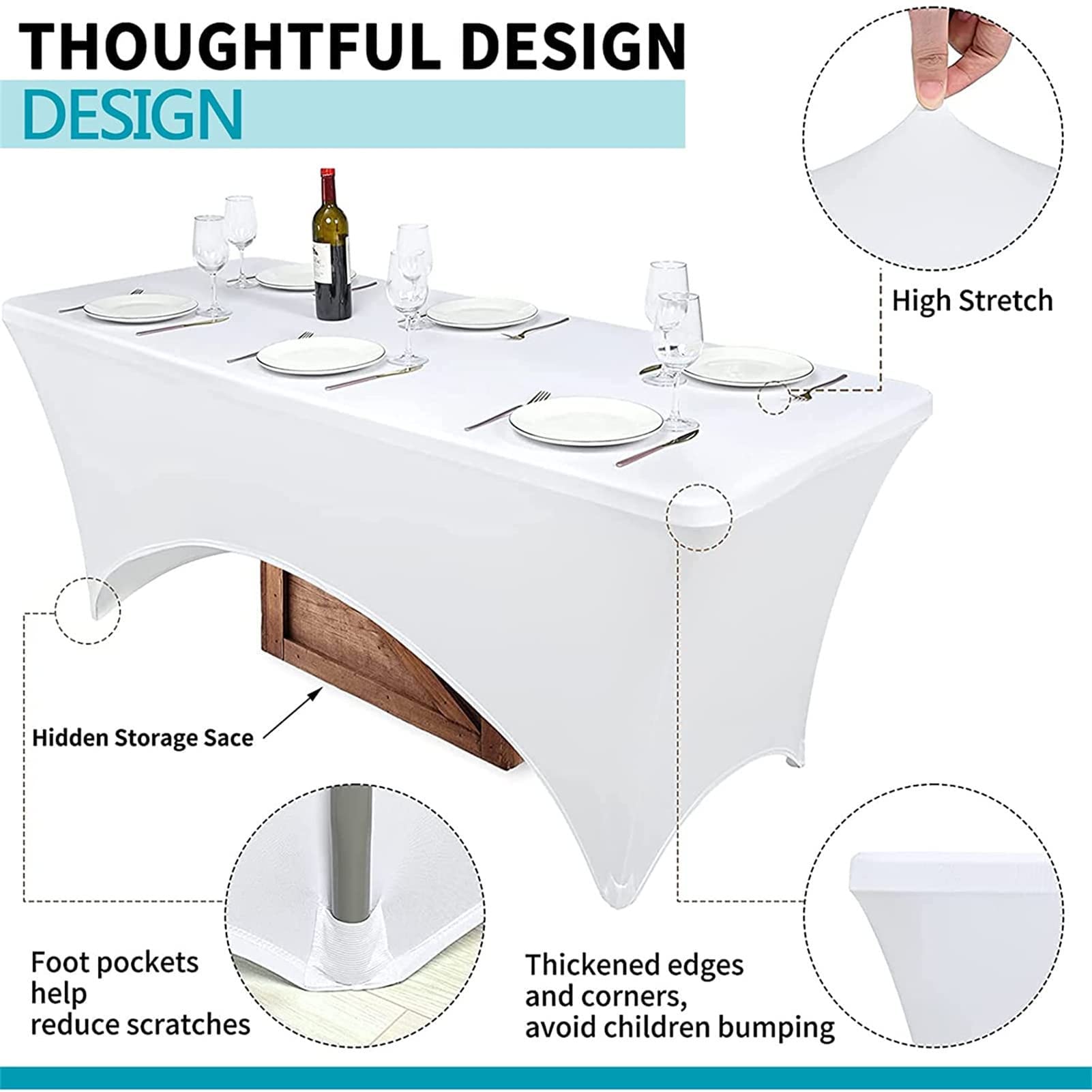 Tovaglia elasticizzata in spandex bianco rettangolare per tavoli da 1,2 m/1,8 m/2,4 m, lavabile e resistente alle pieghe, confezione da 2 pezzi, decorazione per banchetti ed eventi, matrimoni