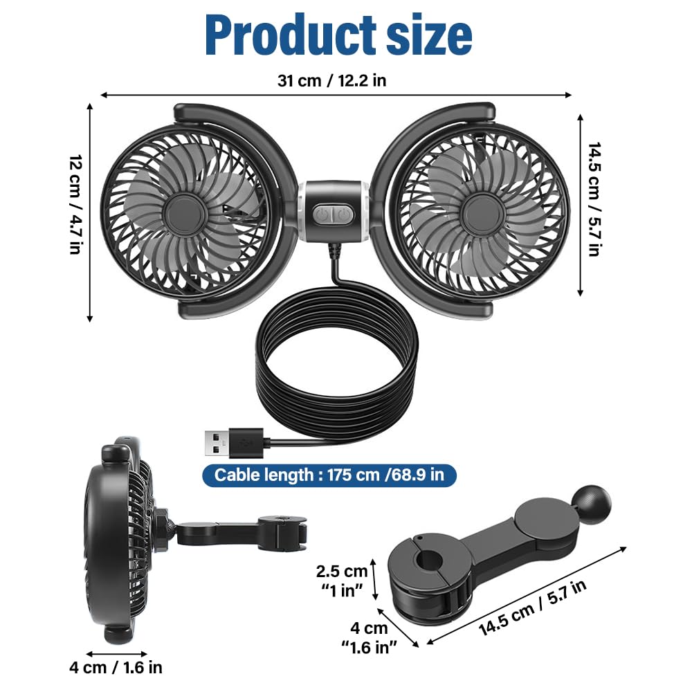 Ventilateur de Voiture à Double Tête, Ventilateur Voiture USB, Siège Arrière, 3 Vitesses, Rotation 360°, Pour Véhicules, Camions, SUV