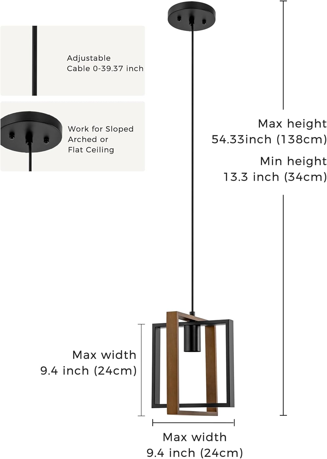 DORESshop Farmhouse Pendant Light Fixture, Adjustable Kitchen Island Lighting, Rustic Hanging Light with Brown Wood and Black Metal, Pendant Light for Kitchen Island, Dining Room(3 Pack Square