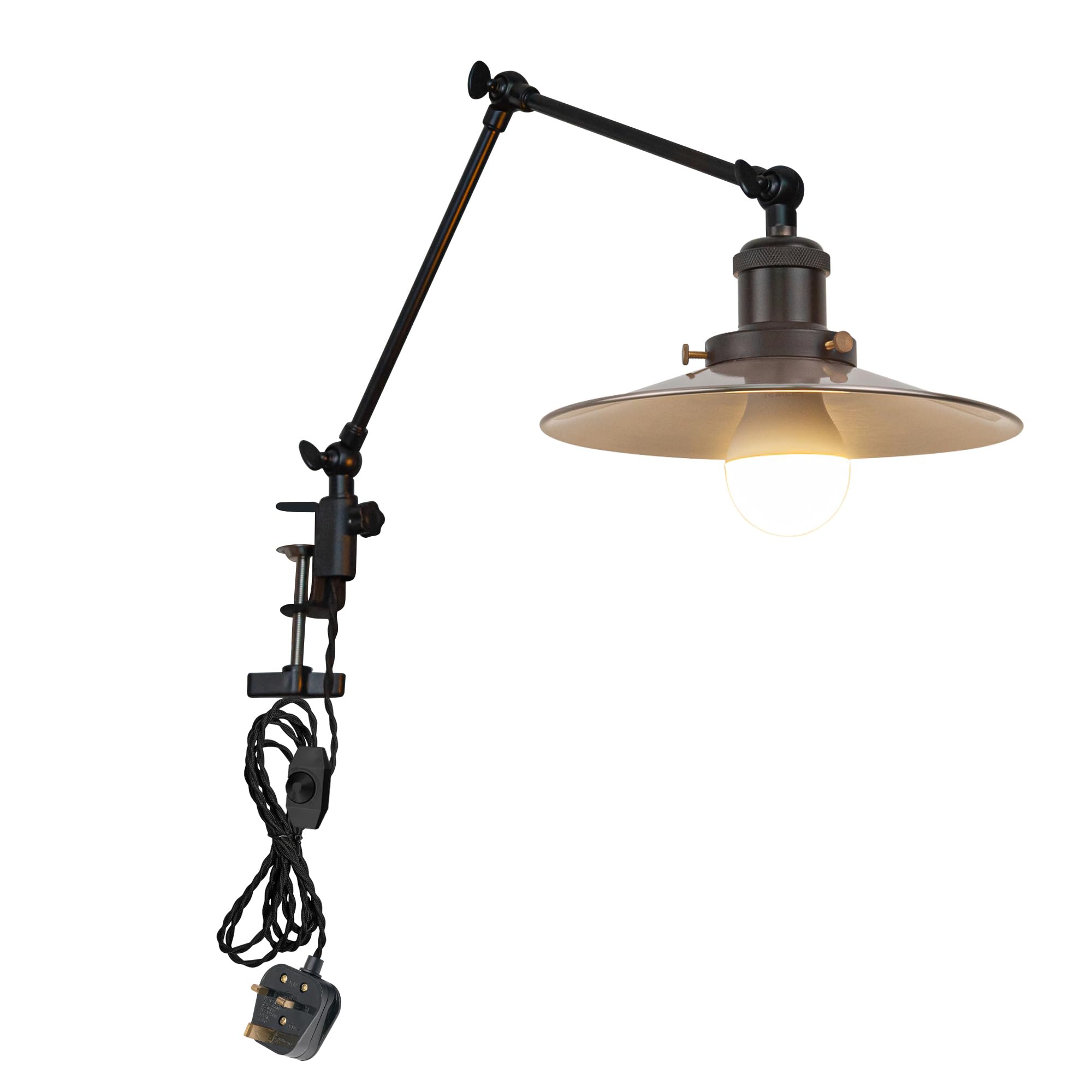FSLiving Dimmable Desk Lamp Clamp, Desk Lamp Clip Light with Flexible Swing Arm and 2.5 m Cable,Decorative Iron Clamp Lamp Adjustable for Office Study Reading with Sand Nickel Lampshade