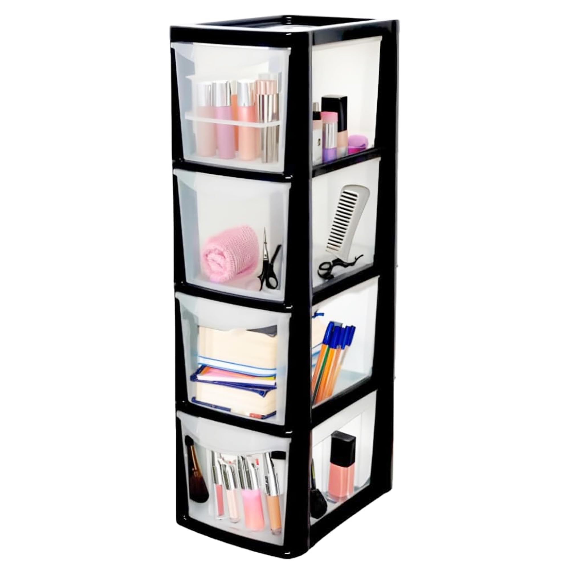 KYY'Z Rattan Effect Drawer Plastic Storage Organizer- Multipurpose Storage Drawer Unit Home Kitchen Office School Garage Bedroom Bathroom Stationery Toys 25Dx19Wx 62Hcm (Black/Clear, 4 Tier)