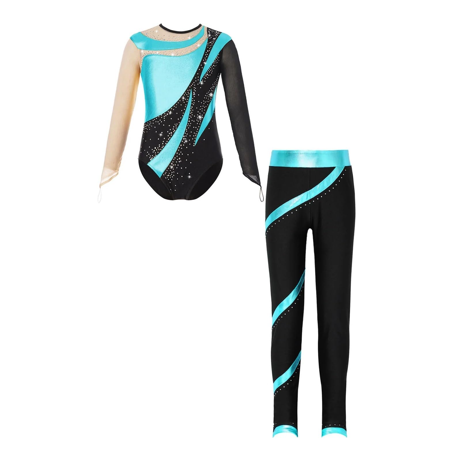 Ballettanzug for Kinder, Tanz-Outfits, Gymnastikanzug for Mädchen, glänzend, langärmelig, Eiskunstlauf-Bodysuit mit Hose, 6–16 Jahre, Tanzbekleidungs-Sets(Blue Green,12)