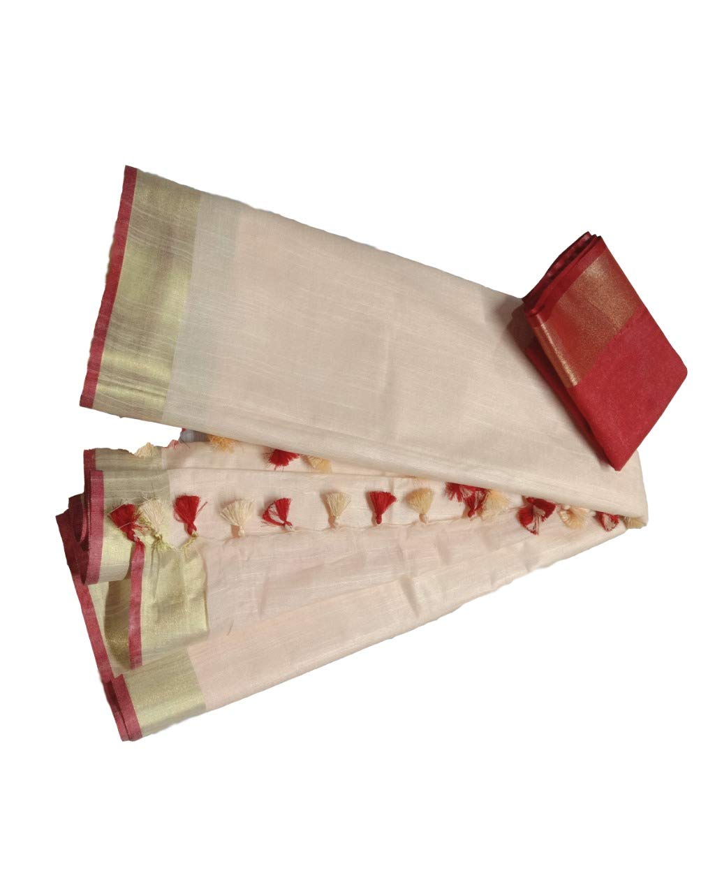 genericWomen's Bhagalpuri Linen Saree With Blouse Piece (HA019_Off White, Red)
