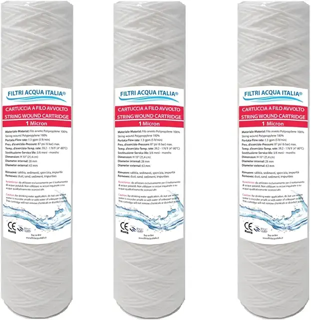 Cartuccia Filtro Filo Avvolto 10 Pollici Micron 1 Polipropilene Sedimenti Set 3 Pezzi