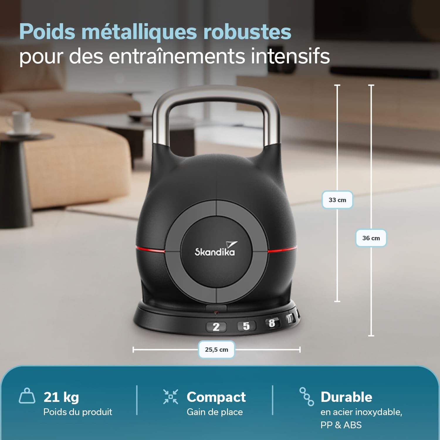 Skandika Kettlebell Paino | Haltère réglable, 7 niveaux, 2 à 20 kg, conception tout-en-un, changement rapide des poids, compact | Haltère Sphérique pour la maison, la salle de sport, le fitness