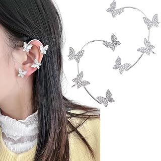 Siver Butterfly Ear Cuff Earrings for Women Zircon Climber Wrap Around Earrings Silver Butterfly Ear Cuffs for Women Girls Non Piercing Glitter Climber Ear Cuff Wrap Clip for Women