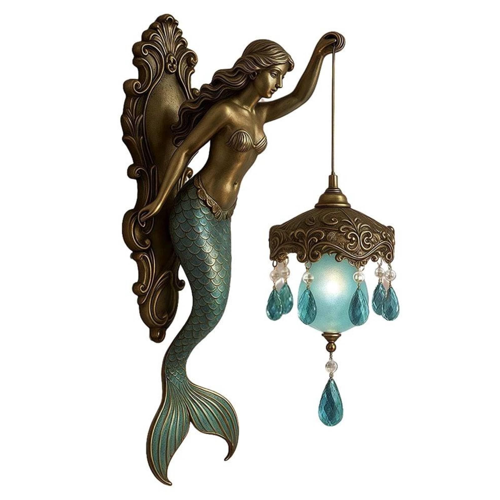 Mermaid Wall Lamp,7.5''Resin Battery Operated Sconce,Vintage Fantasy Art Decorative Light for Bedroom Living Room Bathroom Coastal Decor,Handmade Sculpture with Crystal Pendants,Warm Glow Night Light