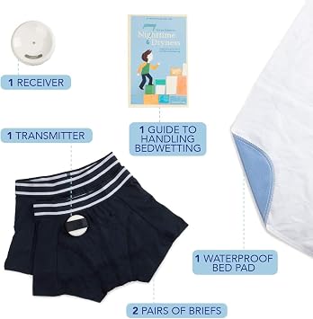 Rodger Wireless Bedwetting Alarm Kit - Bed Wetting System for Kids - Two Moisture Sensing Briefs, Waterproof Bed Pad, Guide Book, Free Mobile App - Child, Navy, Medium