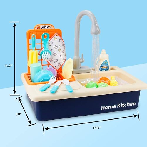 Vista 15 de BOBXIN Fregadero de juego con agua corriente, fregadero de juguete de cocina para niños pequeños, juego de roles eléctrico para lavavajillas, juego