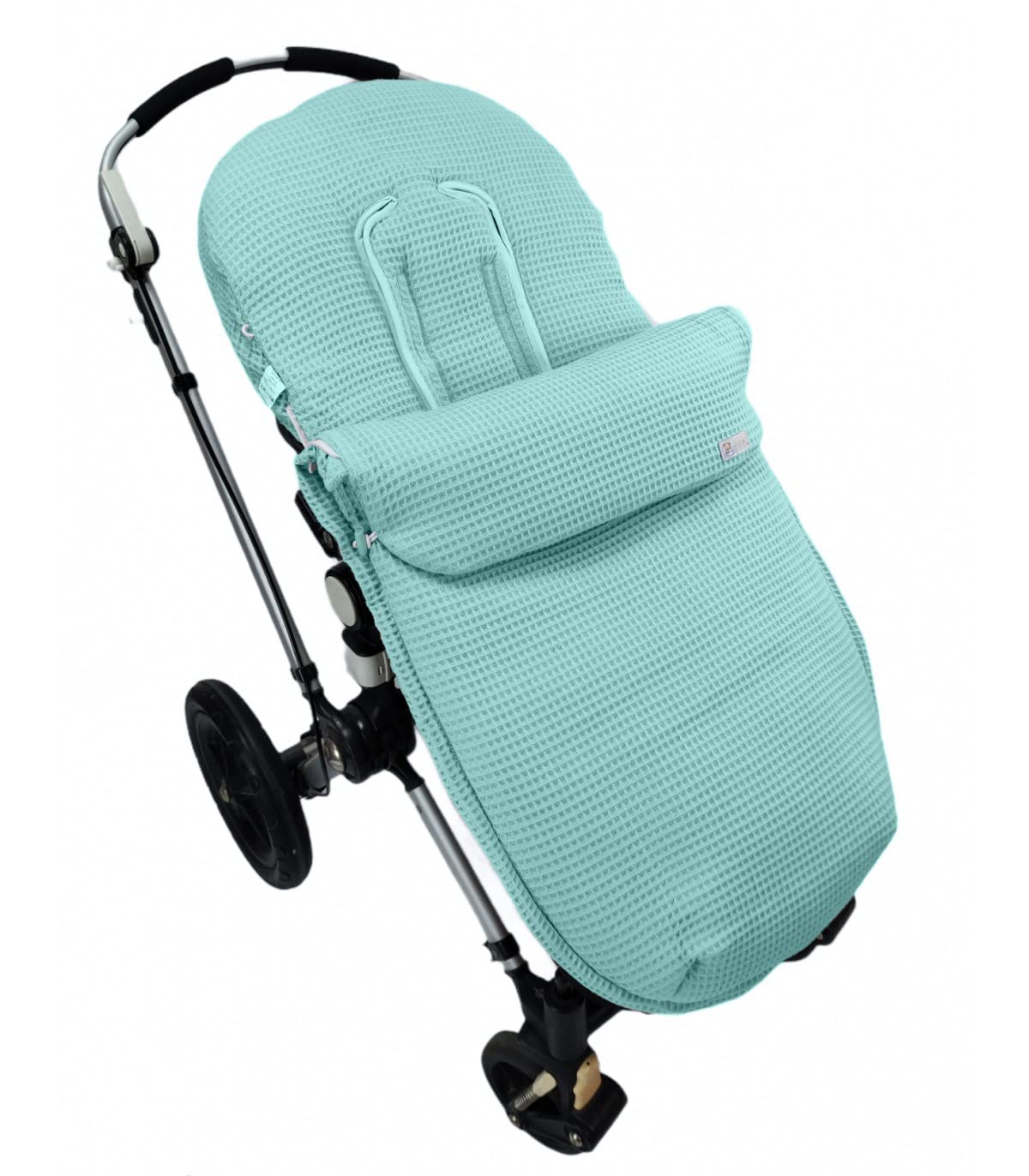 Conjunto de Saco Silla de paseo Universal + Bolso Panera Personalizada – Conjunto Saco Universal + Talega o bolsa para carrito bordada con nombre – Gofre - Waffle – Nenel (Verde agua)