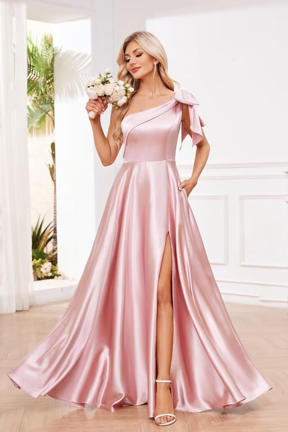 yinyyinhs One Shoulder Bridesmaid Dresses for Women 2025 Long Satin A-line Formal Evening Party Dress with Slit