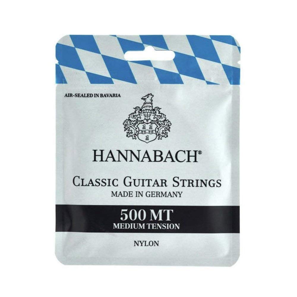 Hannabach500MT Saiten für Klassikgitarre Satz Medium Tension, Diskantsaiten: Nylon, Bass: Nylonkern mit versilbertem Kupferdraht umsponnen