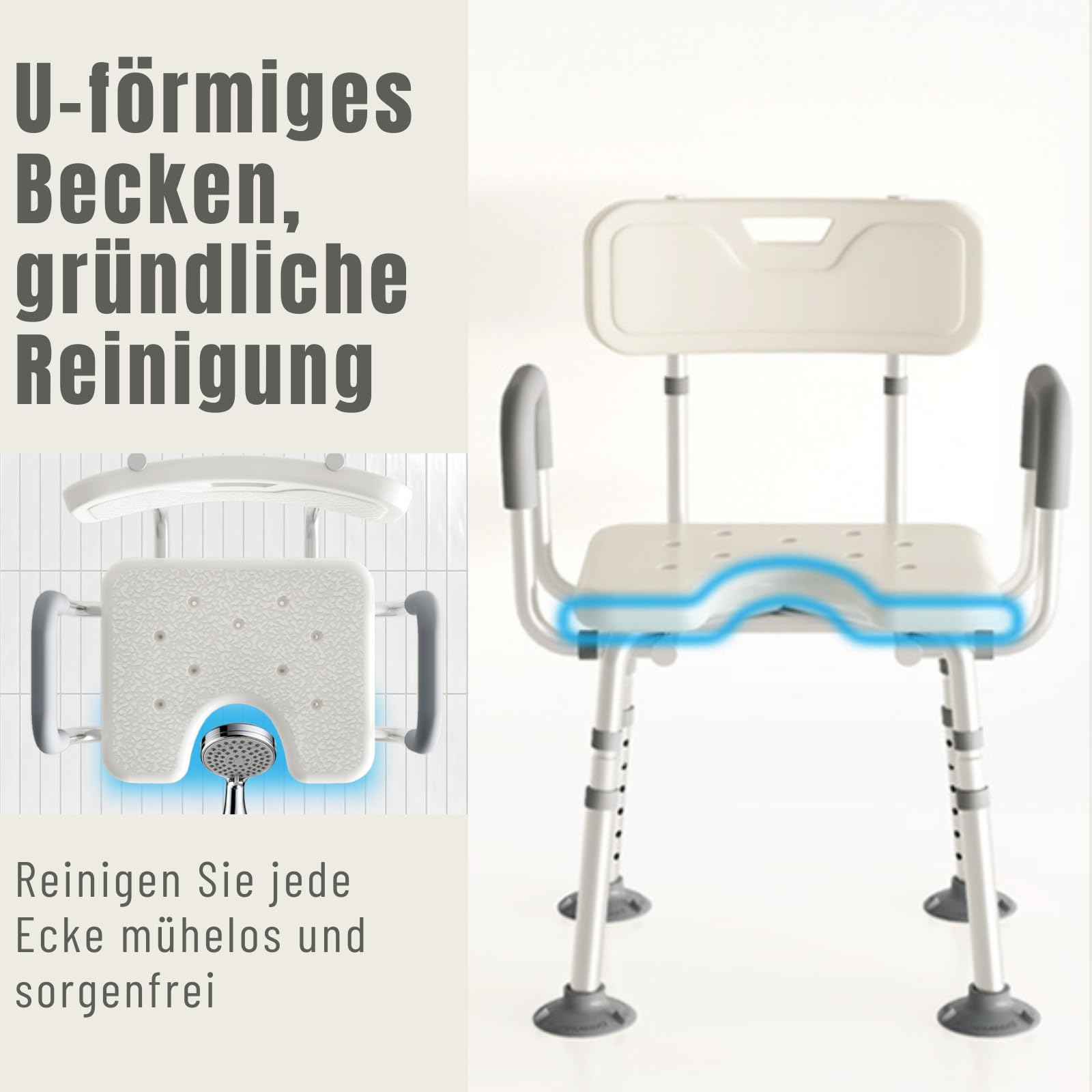 RMAN® Krzesło prysznicowe dla seniorów, obciążenie ok. 150 kg, siedzisko do wanny | Regulowana wysokość podpórki prysznicowej z antypoślizgowym oparciem, niebieski