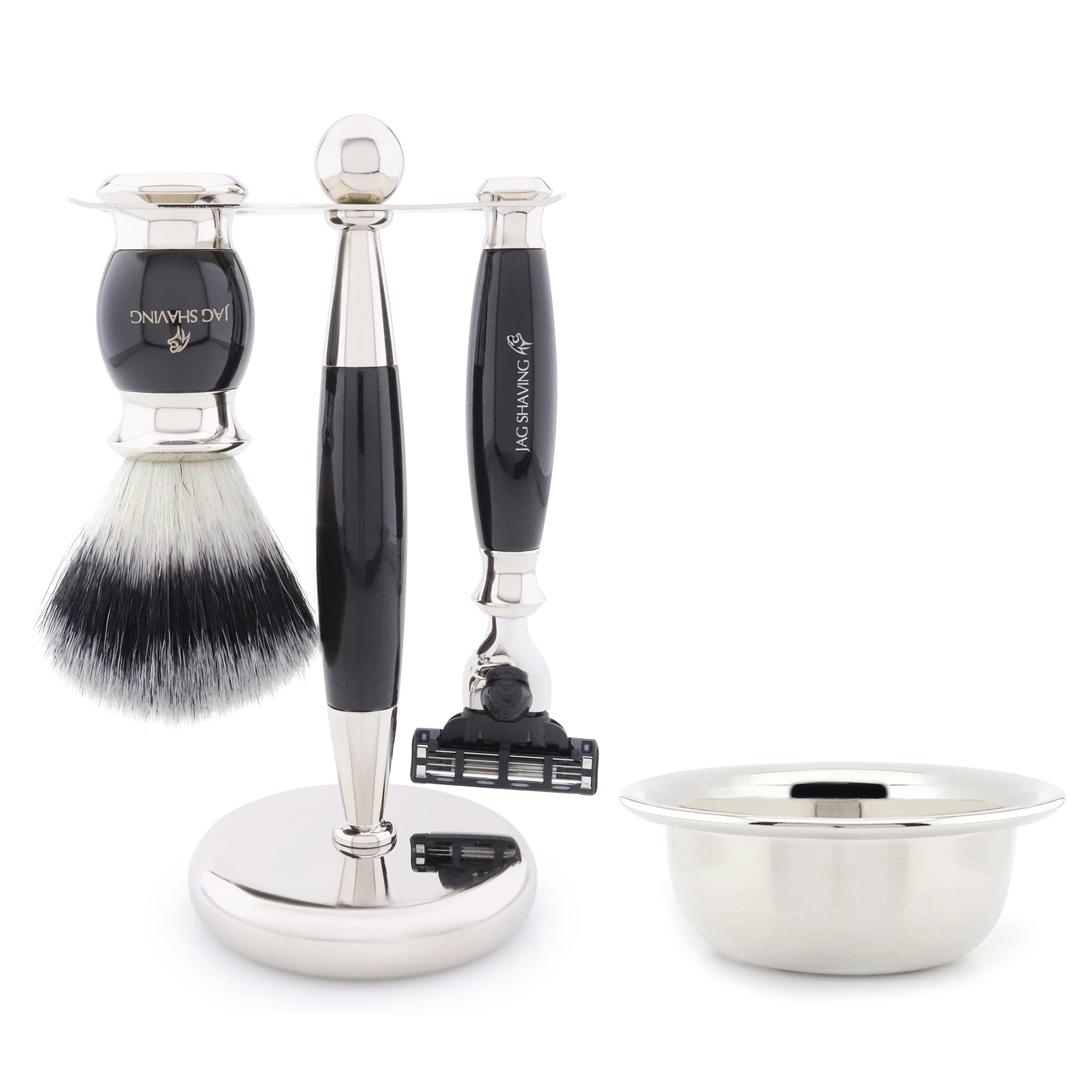 Jag Shaving Zestaw do golenia – 4-częściowy zestaw do golenia – JAG's LEE Range – syntetyczny pędzel do golenia z włosia srebrnego – 3 krawędzie ostrza do golenia – miseczka do golenia – stojak do golenia, zestaw upominkowy